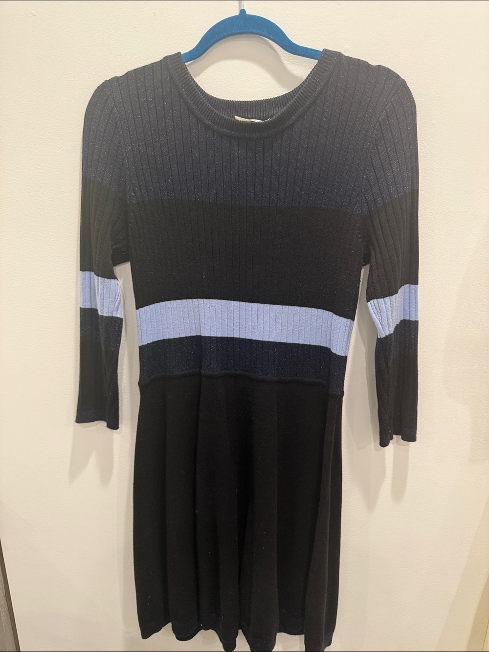 Eliza J Black and Light Blue Ribbed Fit-and-Flare Dress